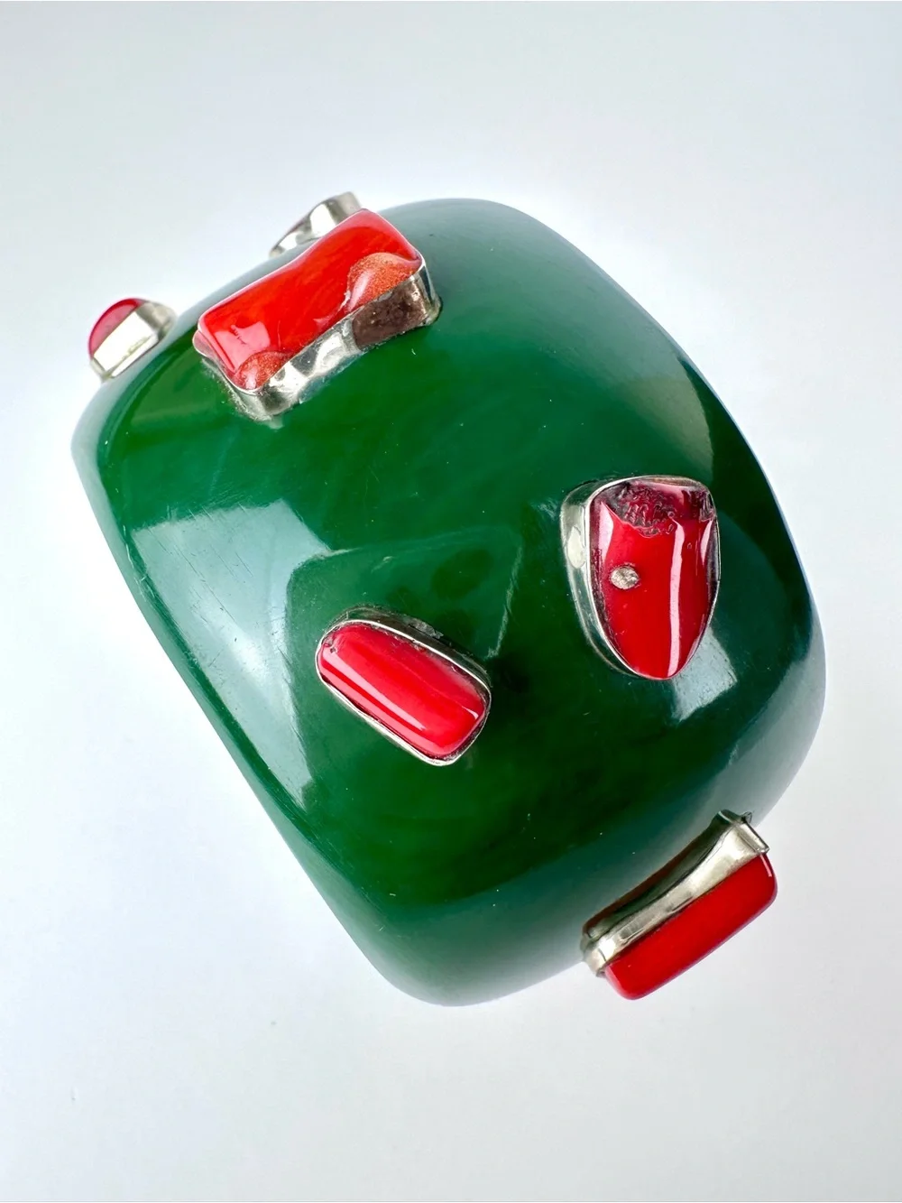 Massive Green Resin & Red Coral Sterling Silver Statement Cuff Bracelet - Picture 10 of 12